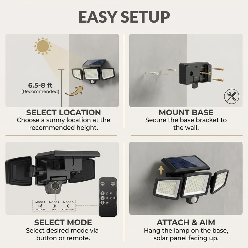 Solcelle Udendørslampe med 270° Bevægelser | 3 Justerbare LED-hoveder | Fjernbetjening & IP65 Vandafvisende