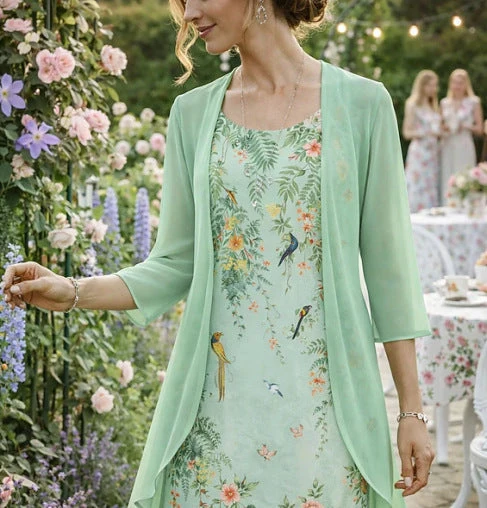 Luftigt dametøjssæt med top og cardigan i chiffon | Elegant outfit