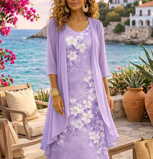 Luftigt dametøjssæt med top og cardigan i chiffon | Elegant outfit