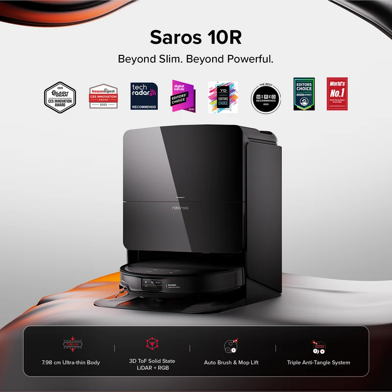 Roborock Saros 10R robotdammsugare-set med multifunktionell laddningsstation 4.0 (inkluderar 2 extra antibakteriella roterande moppar)