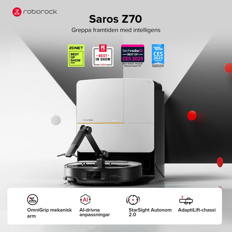 Roborock Saros Z70 robotdammsugare med OmniGrip™ mekanisk arm