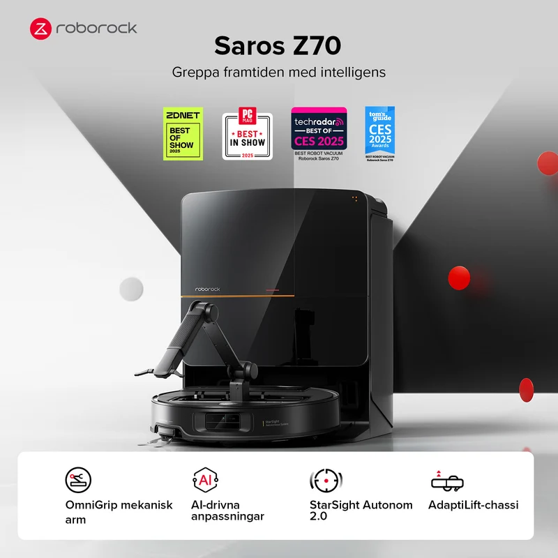 Roborock Saros Z70 robotdammsugare med OmniGrip™ mekanisk arm