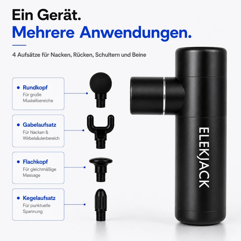 Kompakt Muskelmassageapparat med 4 vedhæftninger og 4 intensitetsniveauer