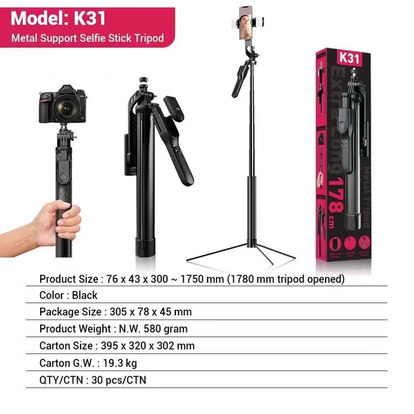 Selfiepinne, 175 cm, med LED-ljus, fjärrkontroll och stativfunktion