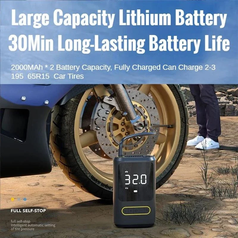 Däckpump, powerbank, 2 x 2 000 mAh battericeller