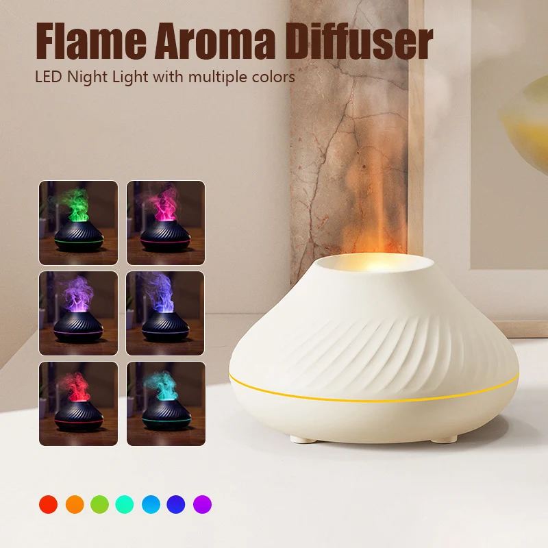 Bærbar luftfugter med flammeeffekt | 130 ml aroma-diffuser med LED-nattelys