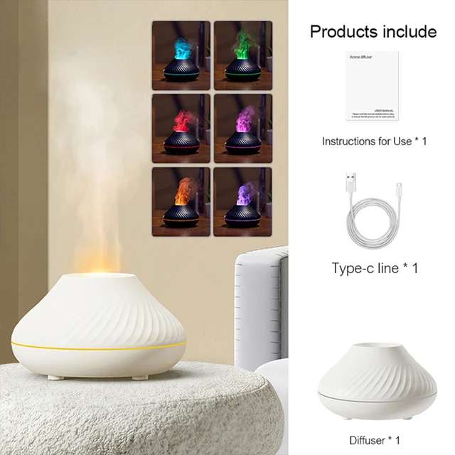 Bærbar luftfugter med flammeeffekt | 130 ml aroma-diffuser med LED-nattelys