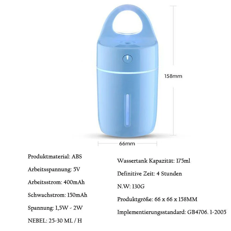 Kompakt Aroma-Diffusor med 175 ml Tank, USB-Luftfugter og LED-Natlampe