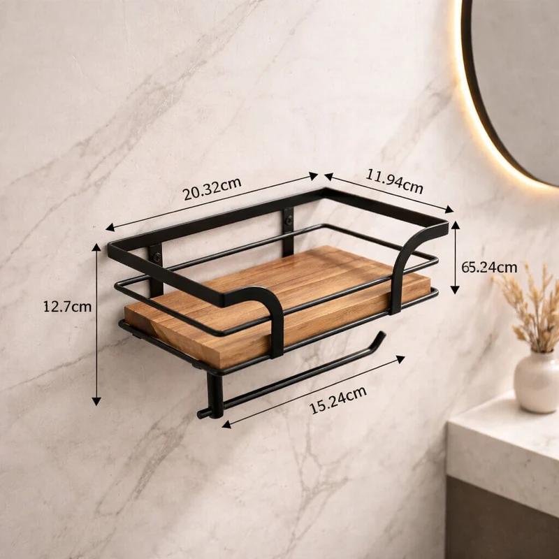 Væghylde med toiletpapirholder i metal og træ | 20,32 cm til badeværelse