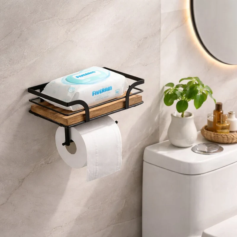 Væghylde med toiletpapirholder i metal og træ | 20,32 cm til badeværelse