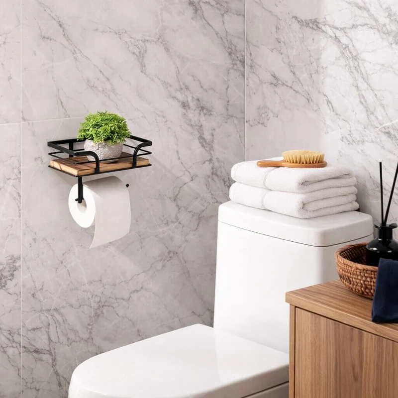 Væghylde med toiletpapirholder i metal og træ | 20,32 cm til badeværelse