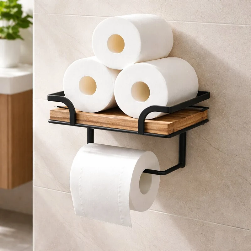 Væghylde med toiletpapirholder i metal og træ | 20,32 cm til badeværelse