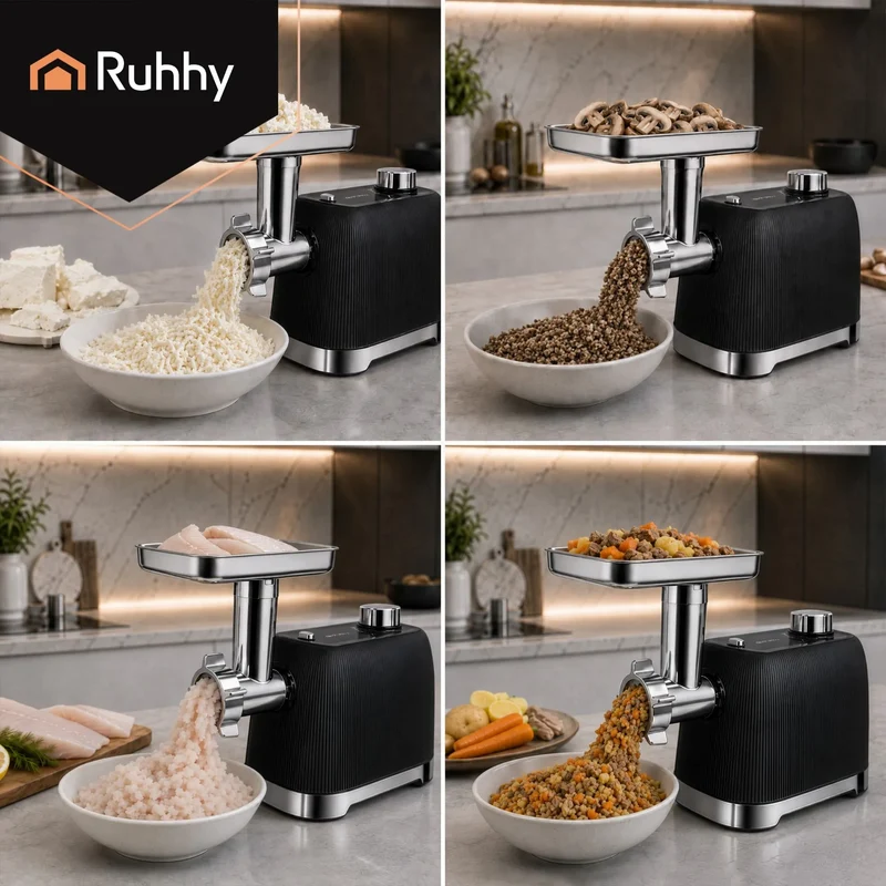 Ruhhy Elektrisk Köttkvarn 2400W – Köttkvarnmaskin med Backfunktion, 3 Hålskivor & Korvhorn