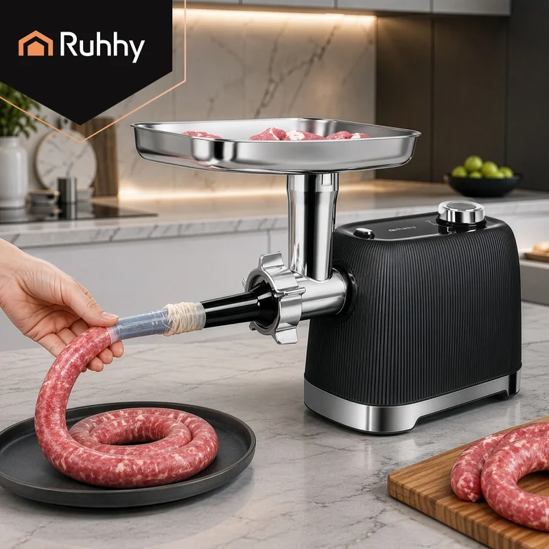 Ruhhy Elektrisk Köttkvarn 2400W – Köttkvarnmaskin med Backfunktion, 3 Hålskivor & Korvhorn