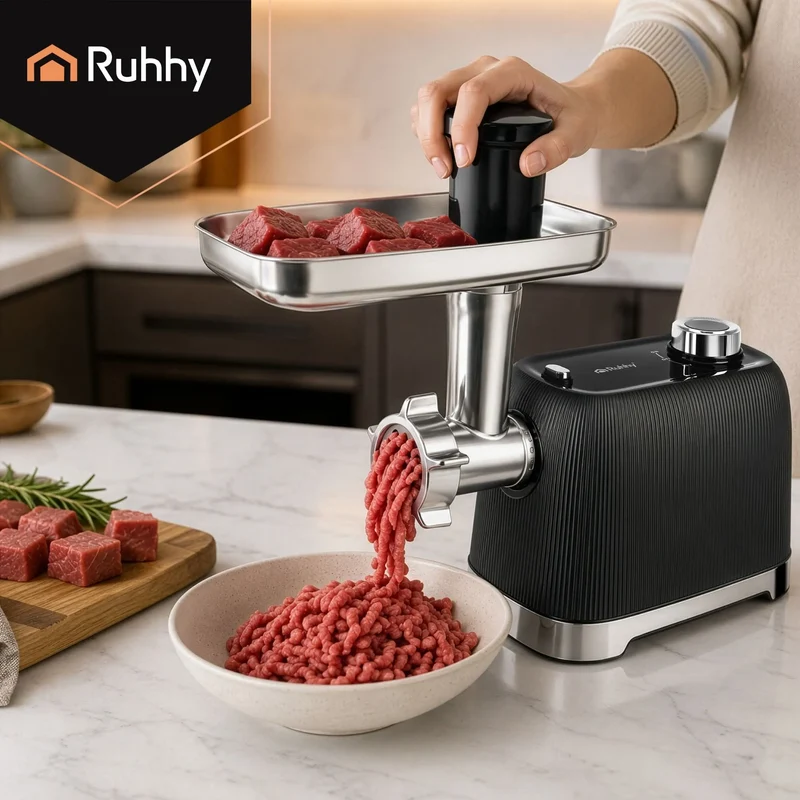 Ruhhy Elektrisk Köttkvarn 2400W – Köttkvarnmaskin med Backfunktion, 3 Hålskivor & Korvhorn