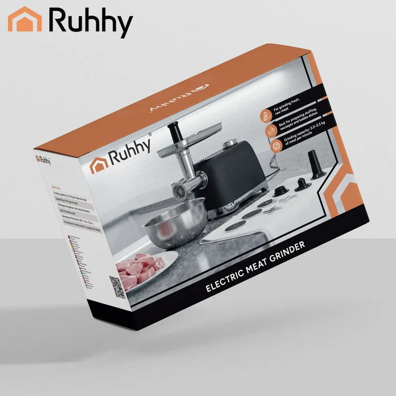 Ruhhy Elektrisk Köttkvarn 2400W – Köttkvarnmaskin med Backfunktion, 3 Hålskivor & Korvhorn