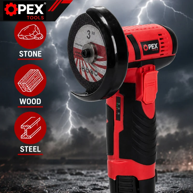 Batterivinkelslip 12V 800W – 75 mm med 2 batterier, 2 skivor och väska