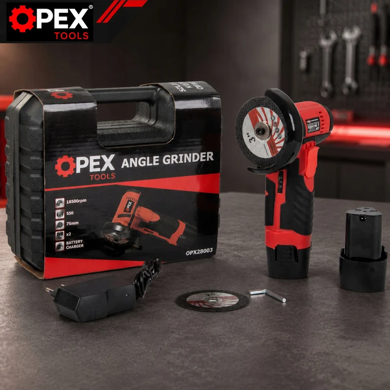 Batterivinkelslip 12V 800W – 75 mm med 2 batterier, 2 skivor och väska