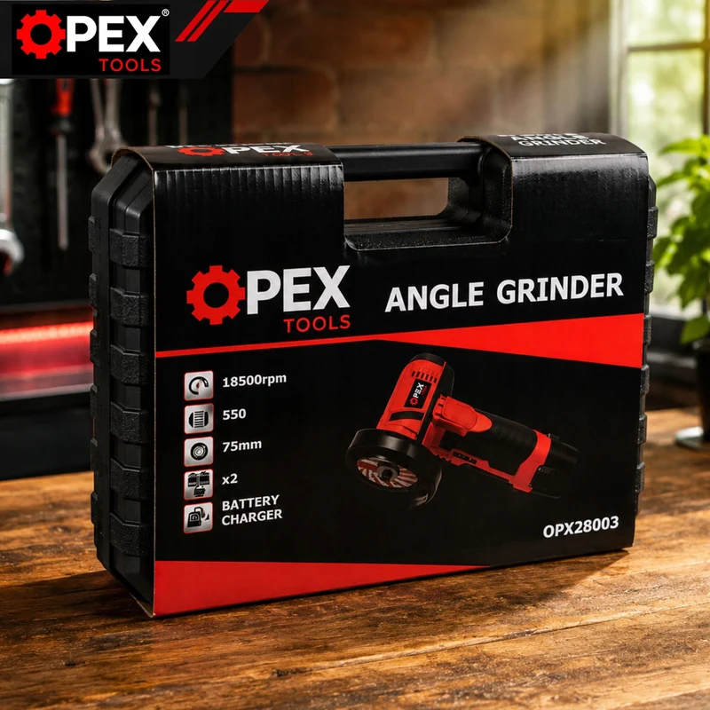 Batterivinkelslip 12V 800W – 75 mm med 2 batterier, 2 skivor och väska