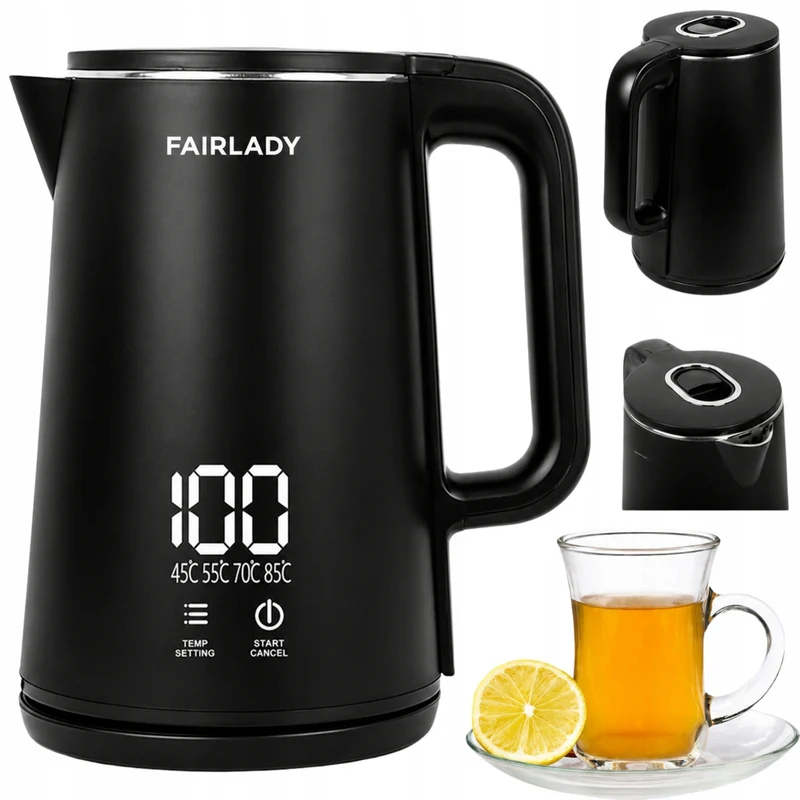 Vattenkokare 1,9 liter med temperaturkontroll och LED-display – 1500W Svart Elektrisk Vattenkokare