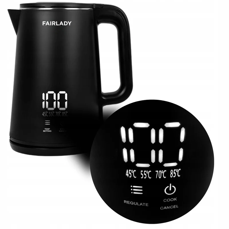Vattenkokare 1,9 liter med temperaturkontroll och LED-display – 1500W Svart Elektrisk Vattenkokare