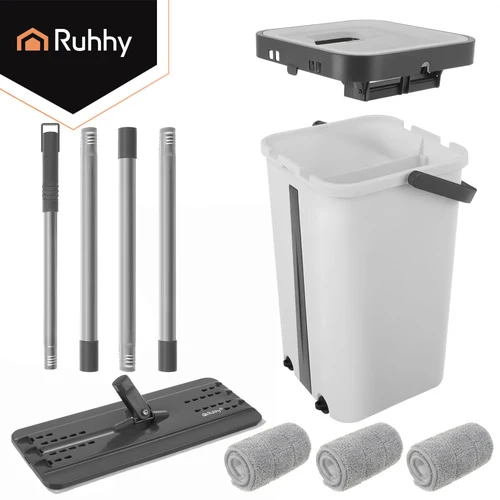 Flatmoppsats - hink 8,5 el. 11L – Inkl. 3 mikrofiberdukar och handsfree-vridning