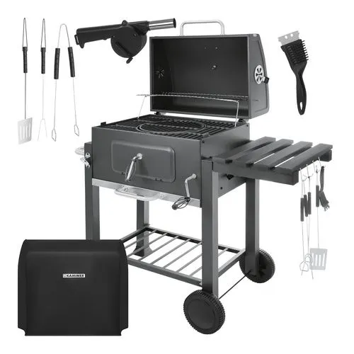 Kolgrill med lock & termometer – Stor trädgårdsgrill med gjutjärnsgaller, asklåda & tillbehör
