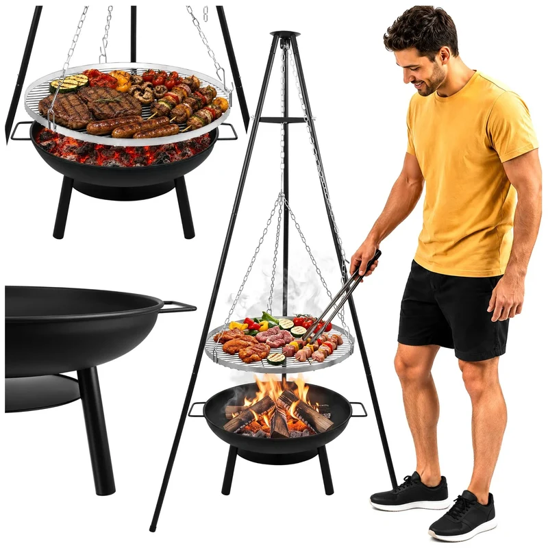 Trebensgrill med Eldfat – Hänggrill med 58 cm Grillgaller & Justerbar Höjd