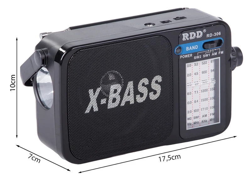 Radio, bärbar, – FM/AM/SW, uppladdningsbar med X-BASS & ficklampa