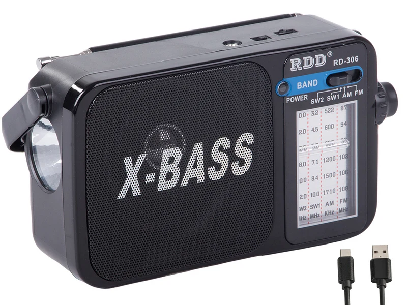 Radio, bärbar, – FM/AM/SW, uppladdningsbar med X-BASS & ficklampa