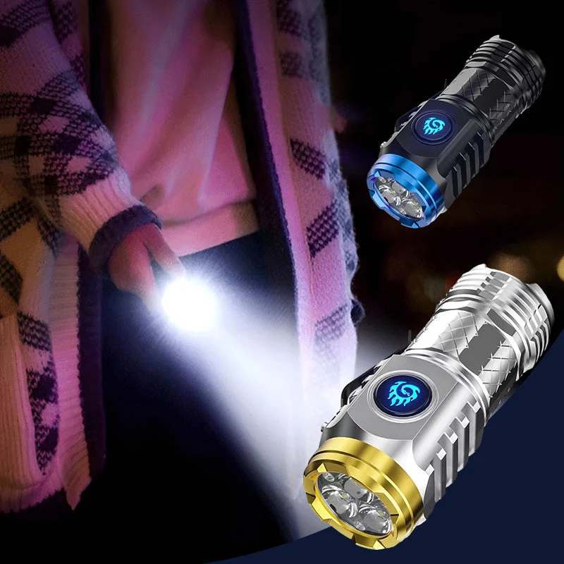 Mini lommelygte med 3 LED og 5 indstillinger | Hurtigopladning USB-C (18350 batteri) | Vand- og stødresistent | Sort/Sølv
