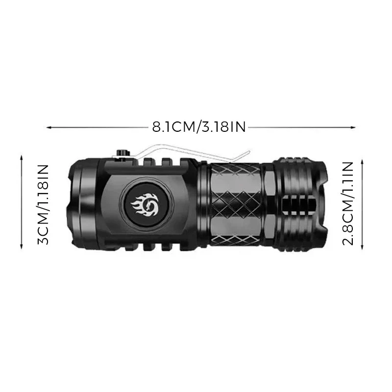 Mini lommelygte med 3 LED og 5 indstillinger | Hurtigopladning USB-C (18350 batteri) | Vand- og stødresistent | Sort/Sølv