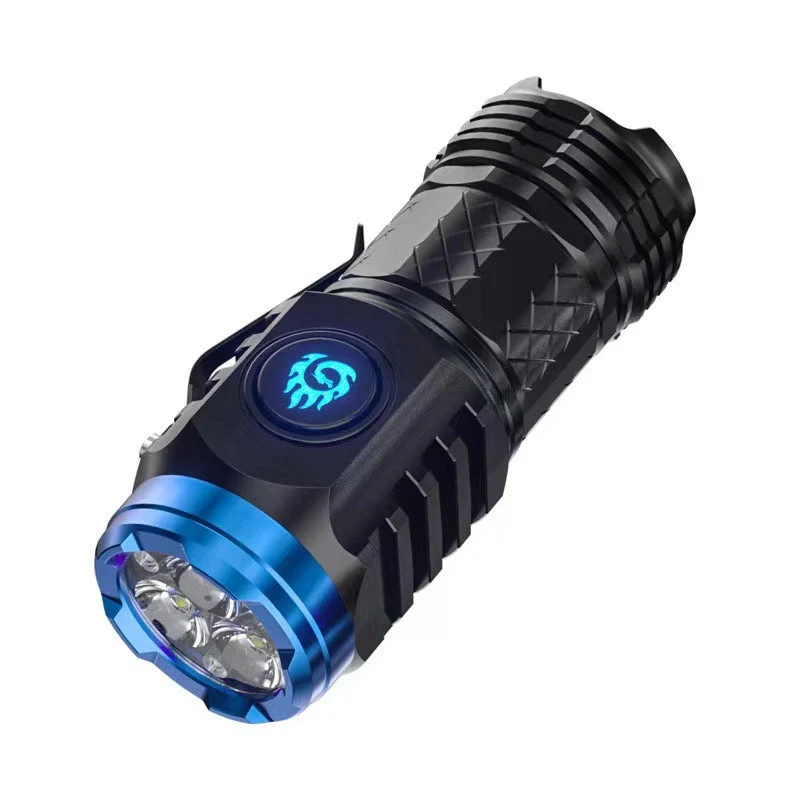 Mini lommelygte med 3 LED og 5 indstillinger | Hurtigopladning USB-C (18350 batteri) | Vand- og stødresistent | Sort/Sølv