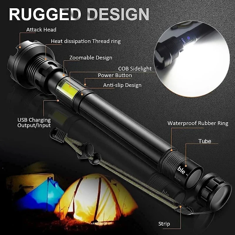 Genopladelig LED lommelygte XHP70 – 7000 lumen, 500 m rækkevidde, IPX5
