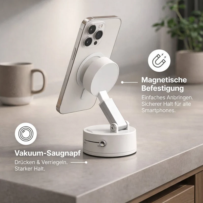 Magnetisk biltelefonholder med vakuum-sugekop | 360° drejbar & foldbar | Til glatte overflader