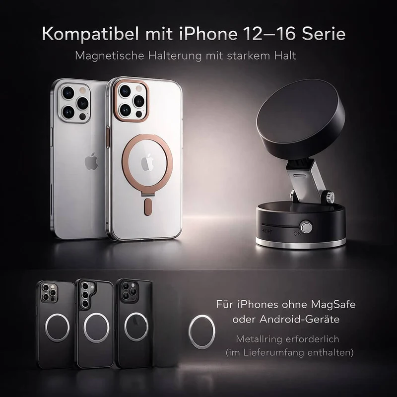 Magnetisk biltelefonholder med vakuum-sugekop | 360° drejbar & foldbar | Til glatte overflader
