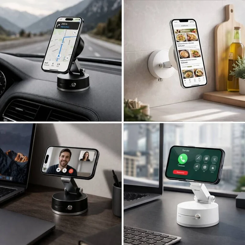 Magnetisk biltelefonholder med vakuum-sugekop | 360° drejbar & foldbar | Til glatte overflader