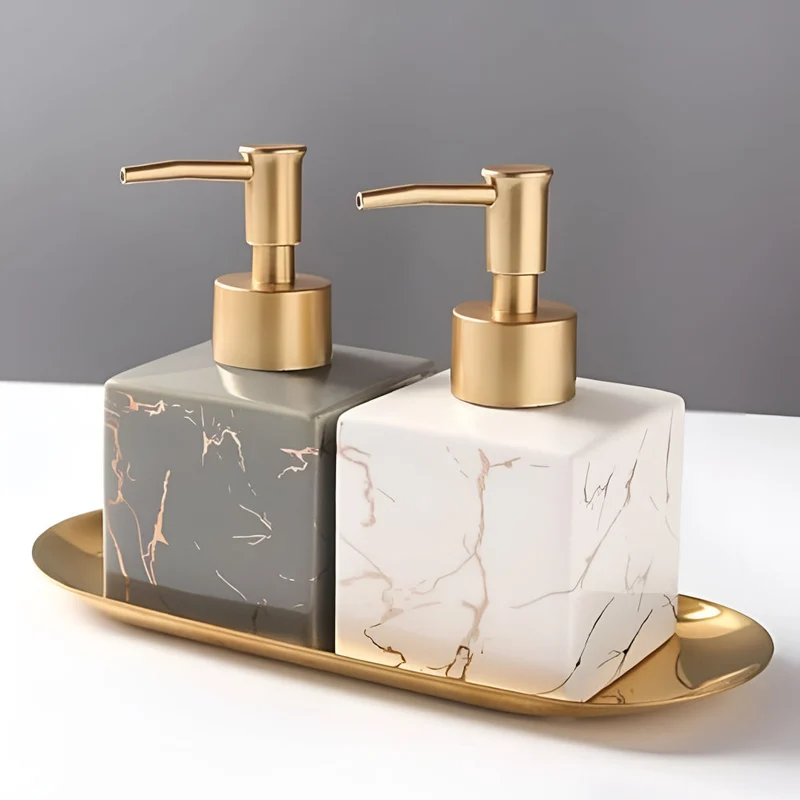 Seifenspender i keramik med marmorlook 280 ml | Mattguld pumpe | Til køkken & badeværelse, sæbe, shampoo, lotion, opvaskemiddel