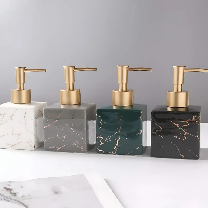 Seifenspender i keramik med marmorlook 280 ml | Mattguld pumpe | Til køkken & badeværelse, sæbe, shampoo, lotion, opvaskemiddel