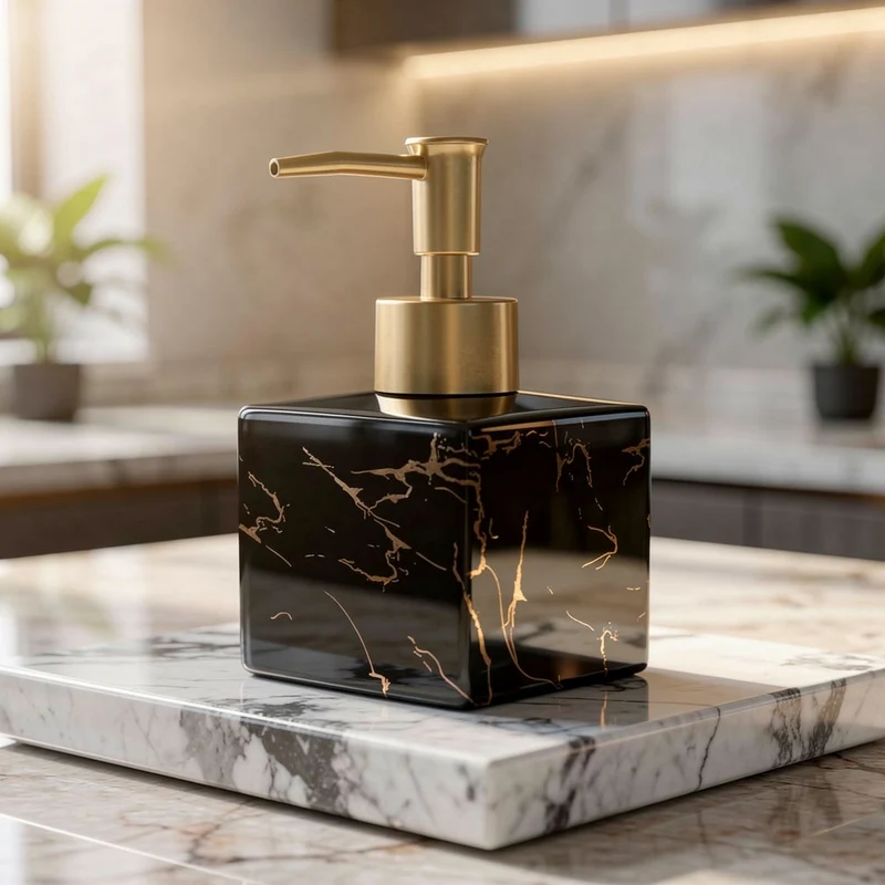 Seifenspender i keramik med marmorlook 280 ml | Mattguld pumpe | Til køkken & badeværelse, sæbe, shampoo, lotion, opvaskemiddel