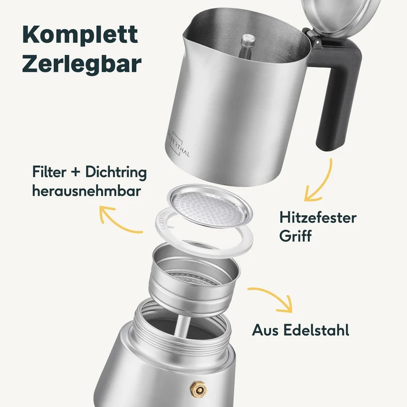 Espressokaffekoger sæt | 3 dele med manuel kaffekværn, mælkeskummer og tilbehør til op til 6 kopper