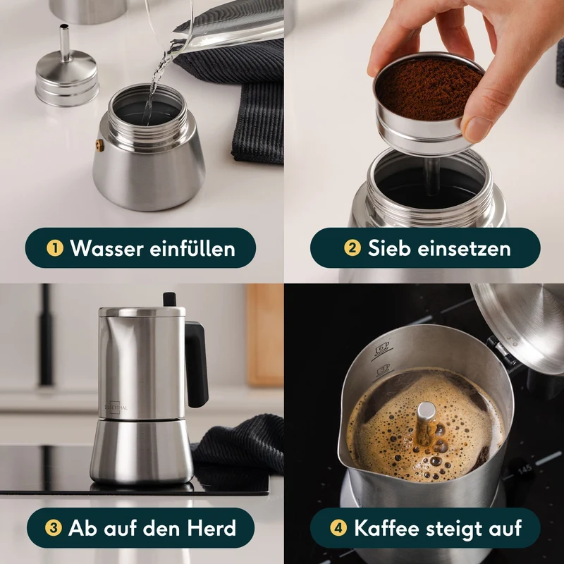 Espressokaffekoger sæt | 3 dele med manuel kaffekværn, mælkeskummer og tilbehør til op til 6 kopper