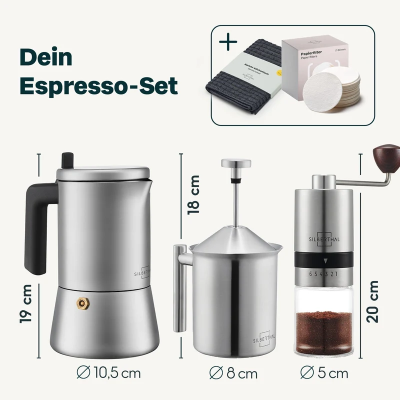Espressokaffekoger sæt | 3 dele med manuel kaffekværn, mælkeskummer og tilbehør til op til 6 kopper
