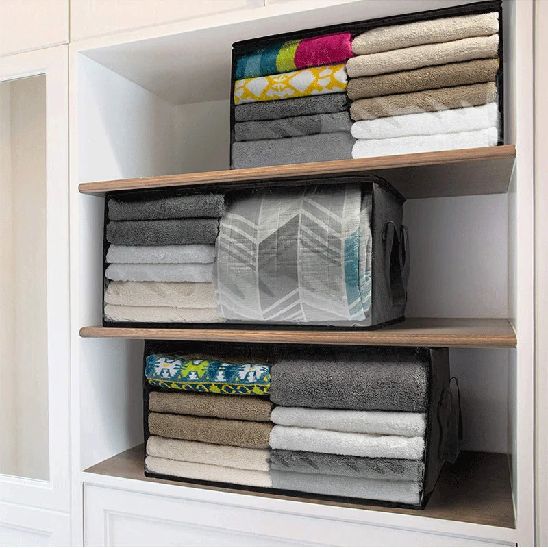 Kollapsbar opbevaringskasse til tøj 58×31×30 cm | Non-woven stof med vindue & lynlås | Til tæpper, sengetøj & skab