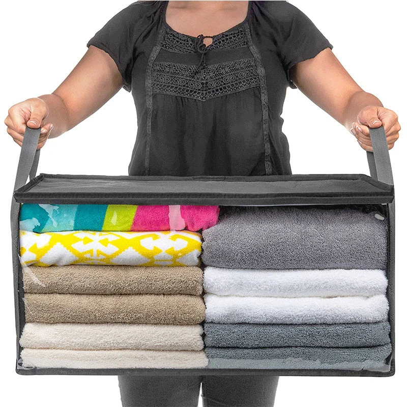 Kollapsbar opbevaringskasse til tøj 58×31×30 cm | Non-woven stof med vindue & lynlås | Til tæpper, sengetøj & skab