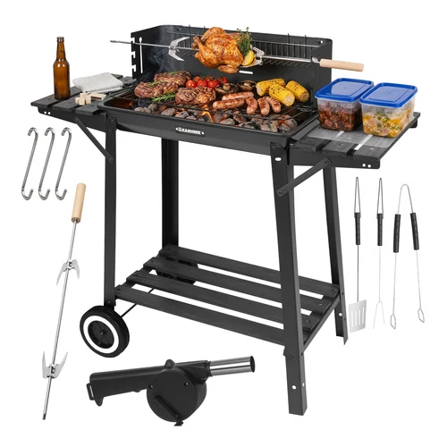 Kolgrill med rotisserie och värmehylla – trädgårdsgrill med hyllor