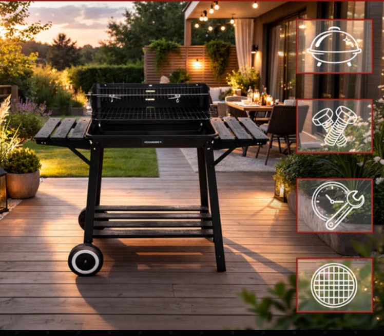 Kolgrill med rotisserie och värmehylla – trädgårdsgrill med hyllor