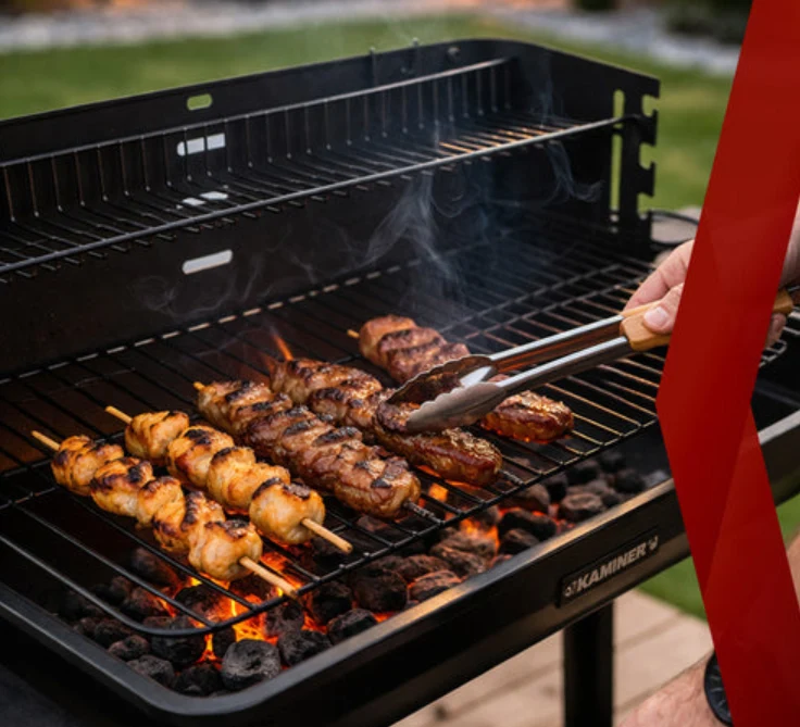 Kolgrill med rotisserie och värmehylla – trädgårdsgrill med hyllor