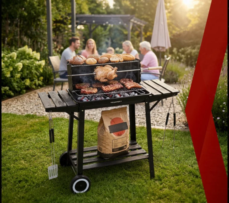 Kolgrill med rotisserie och värmehylla – trädgårdsgrill med hyllor