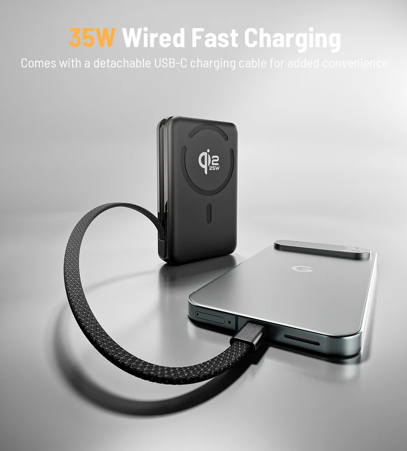 10.000 mAh Powerbank med magnetisk hurtigopladning 25 W og indbygget kabel